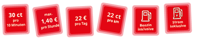 verschiedene Preisbuttons. 1. Button: 30 ct pro 10 Minuten. 2. Button: max. 1,40 Euro pro Stunde. 3. Button: 22 Euro pro Woche. 4. Button:22 ct pro km. 5. Button: Benzin inklusive. 6. Button: Strom inklusive.