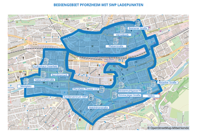 Die Karte zeigt das stadtflitzer-Bediengebiet in Pforzheim, sowie die darin liegenden Ladepunkte der Stadtwerke Pforzheim.