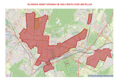 Die Karte zeigt das stadtflitzer-Bediengebiet in Karlsruhe