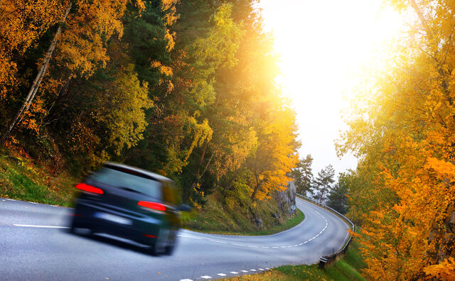 Auto fährt durch Herbstwald